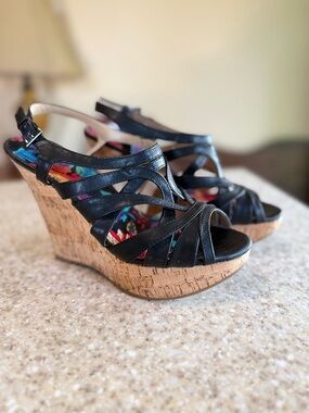 Black Cork Wedge Slingback Sandals with Floral Lining